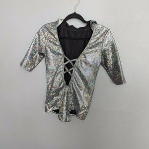 Iheartraves Womens Silver Holographic Crisscross Hooded Bodysuit Size M
